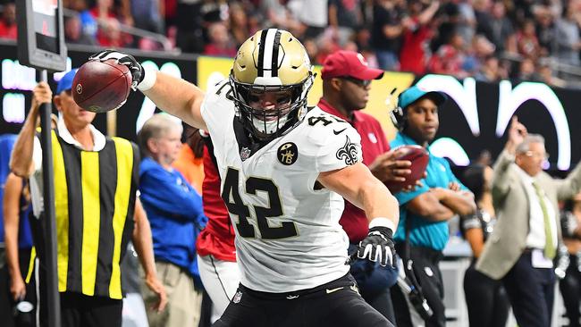 Zach Line of the New Orleans Saints celebrates after scoring a fourth quarter touchdown last week against Atlanta. Picture: AFP