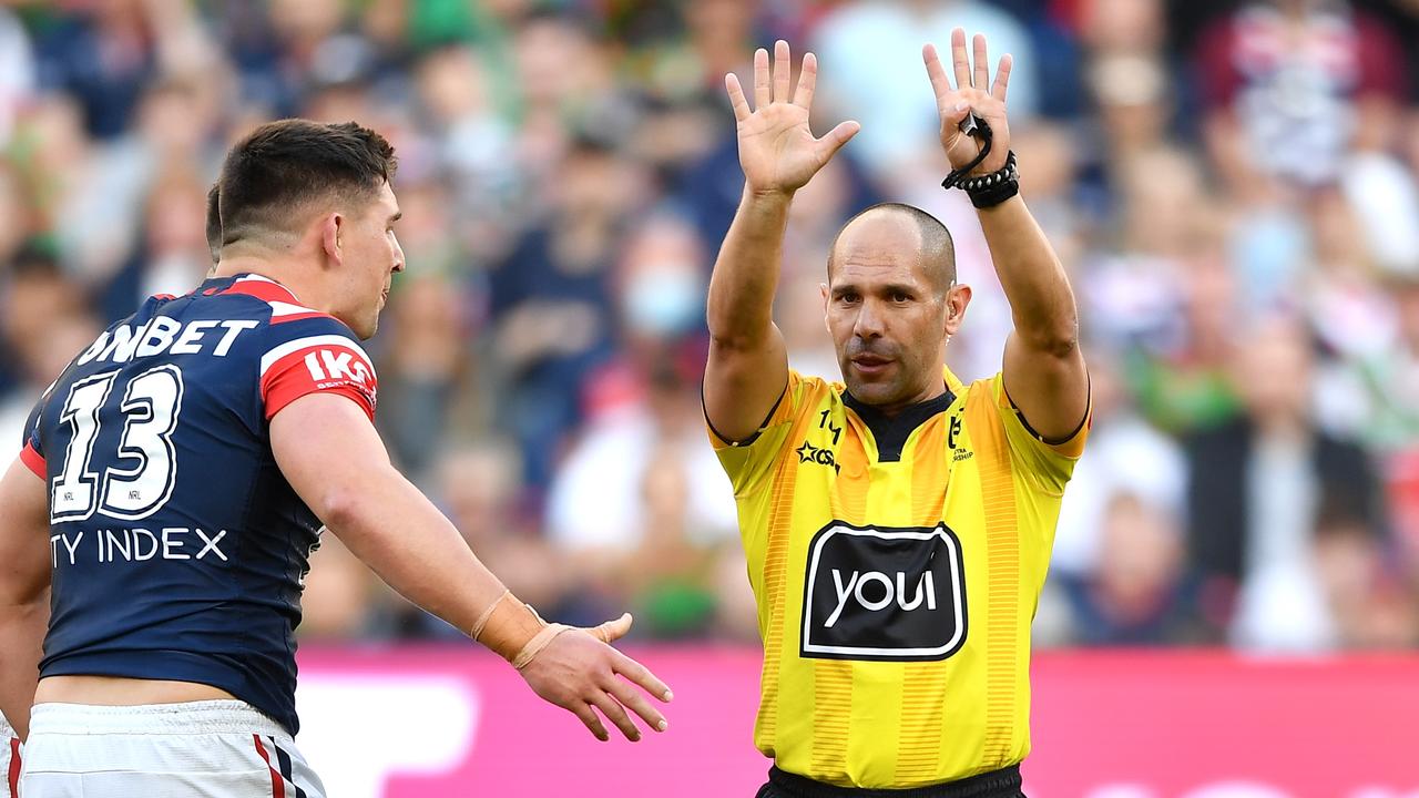 Victor Radley is sent to the sin bin by Ashley Klein. Picture: NRL Photos