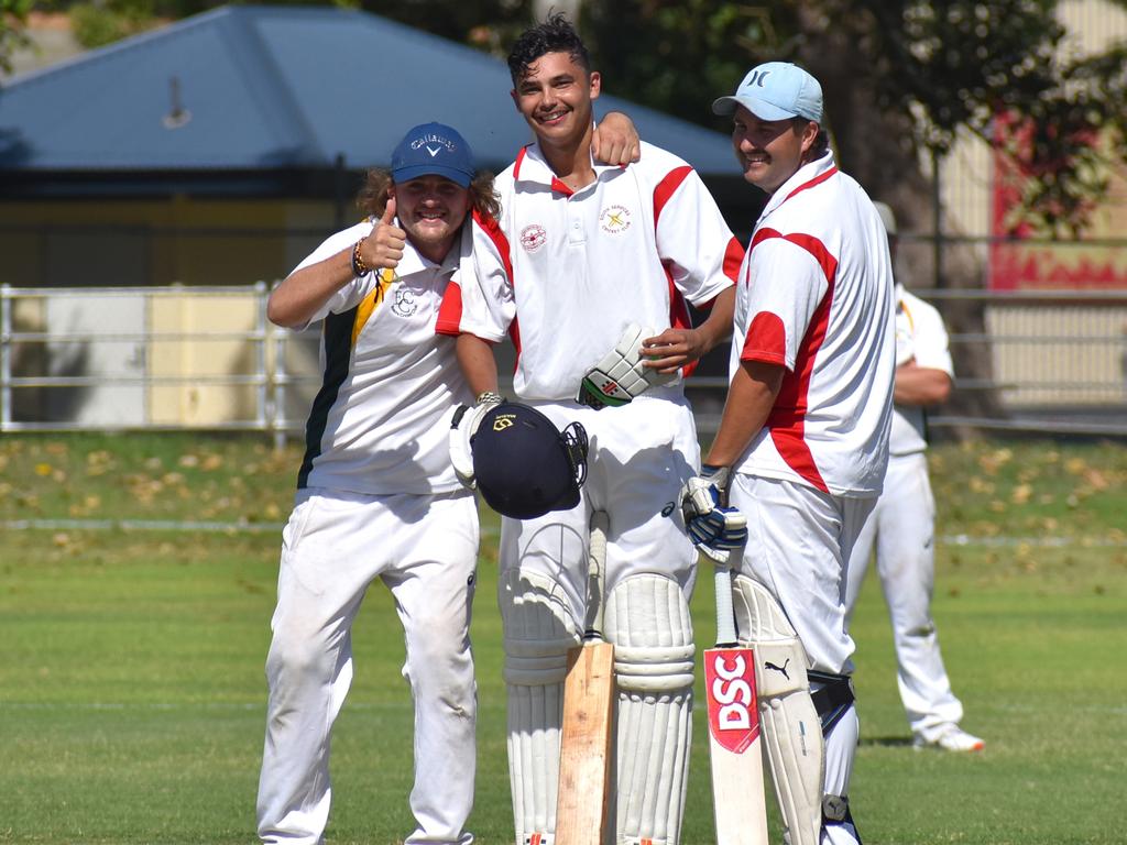 Matt Dalton enjoys a pose for the cameras with Easts-Westlawn’s Jackson Grieve and South Services teammate Adrian Boyd while batting in a GDSC Premier League match at McKittrick Park on 21st November, 2020.