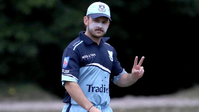 Jarryd Biviano of Sutherland gestures during the NSW Premier Cricket match against Mosman at Glenn McGrath Oval, on November 20, 2021. (Photo by Jeremy Ng/News Corp Australia)