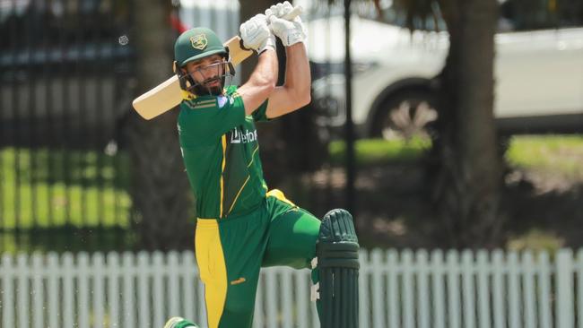 Anthony Sams of Randwick-Petersham hits out at Coogee Oval on December 18, 2021. (Photo by Jeremy Ng/Newscorp Australia)