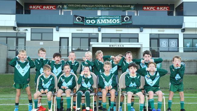 Geelong Ammos Jans under-9 football team pull their funniest faces. Picture: Alison Wynd