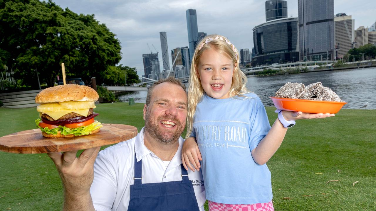 Chef Jake Nicolson with three-year-old Monte and eight-year-old Alba at South Bank, Brisbane, Friday, January 24, 2025 - Picture: Richard Walker