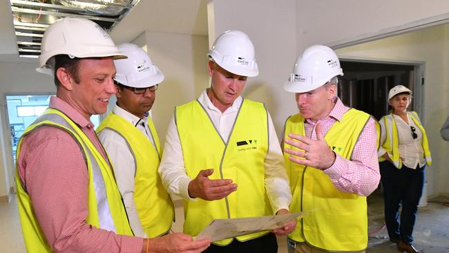 Queensland Health Minister Steven Miles, acting director of medical services in Gladstone Dilip Kumar, member for Gladstone Glenn Butcher and CQHHS Chief Executive Steve Williamson at the new Gladstone Hospital emergency department on February 12, 2020.