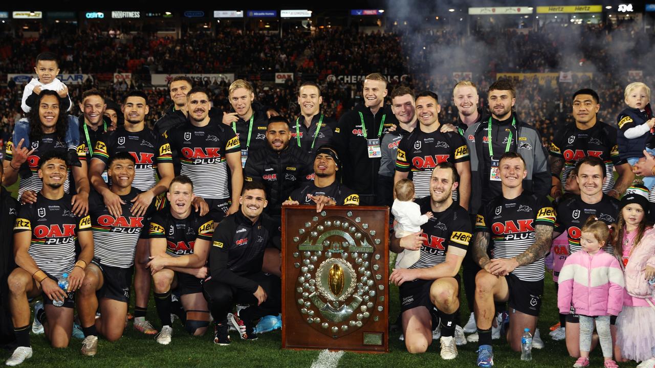 Minor premiers Penrith were presented with the J.J. Giltinan Shield after their win against the Warriors. Picture: Mark Metcalfe/Getty Images