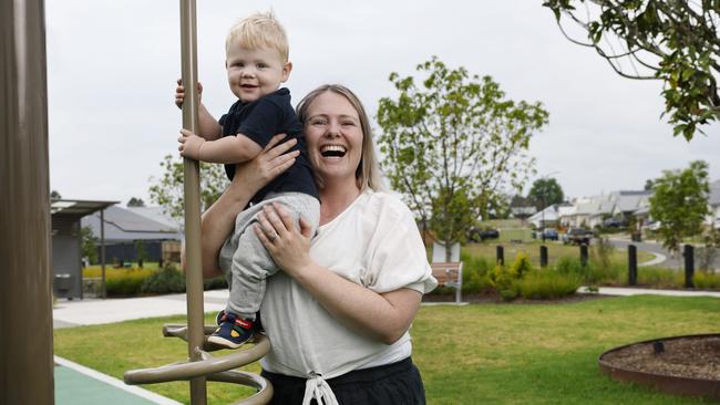 Cassandra Stewart and 18-month old max in Menangle where they have bought land to build their dream home. Picture: Richard Dobson