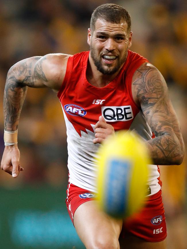 Most of Lance Franklin’s arms are covered in tattoos. Picture: AFL Media/Getty Images