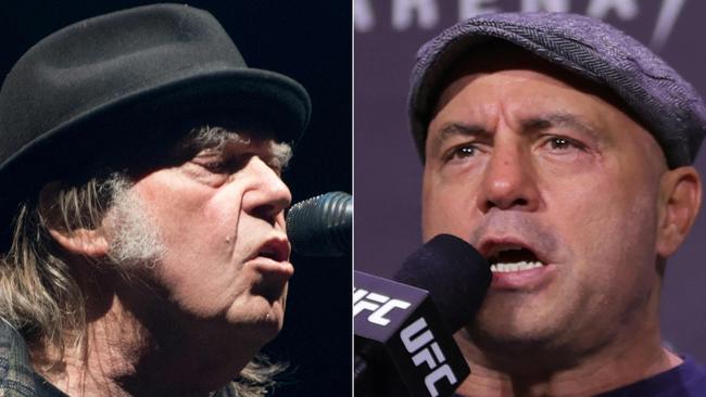 Singer Neil Young, left, and podcaster Joe Rogan, right. Pictures: Alice Chiche and Carmen Mandato / various sources / AFP