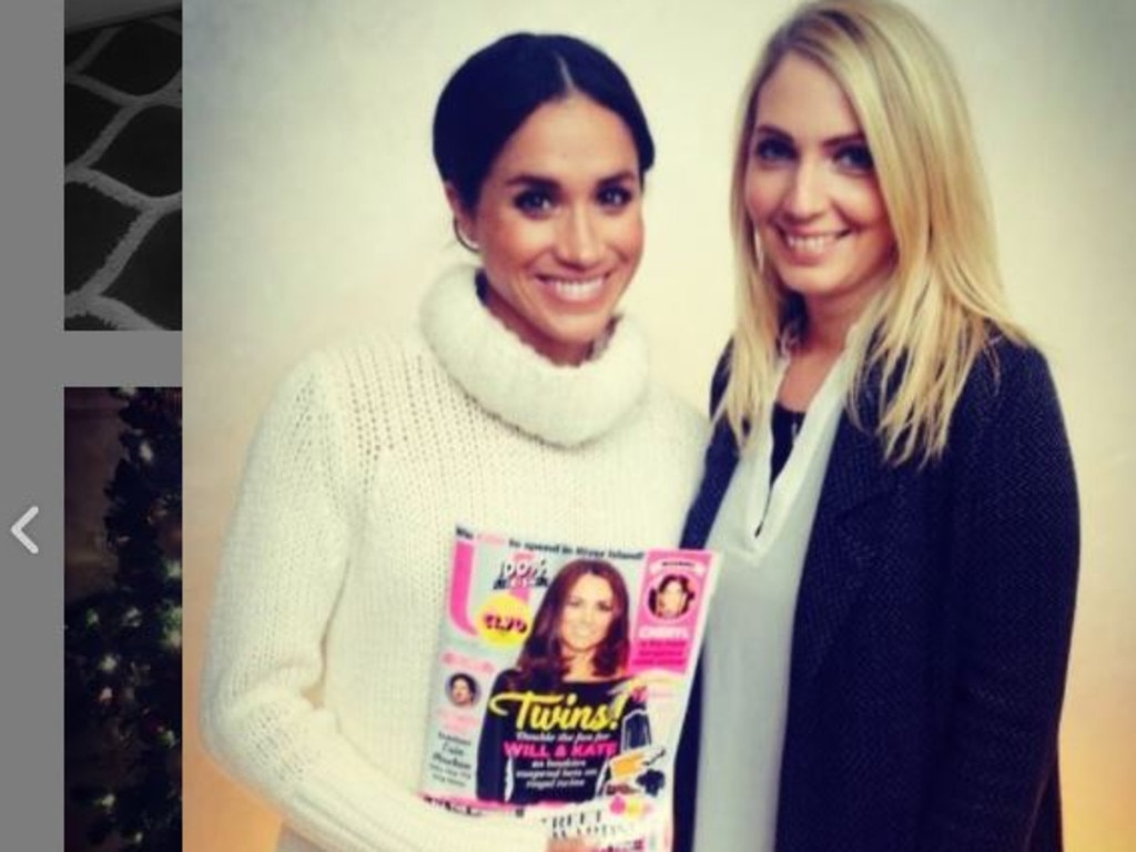 Meghan Markle with magazine editor Denise Cash and a copy of U Magazine which exclaims that Kate is expecting twins.