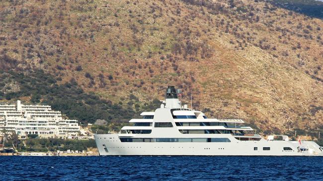 Roman Abramovich’s yacht Solaris, sails near the Aegean coastal resort of Bodrum. Picture: AFP.