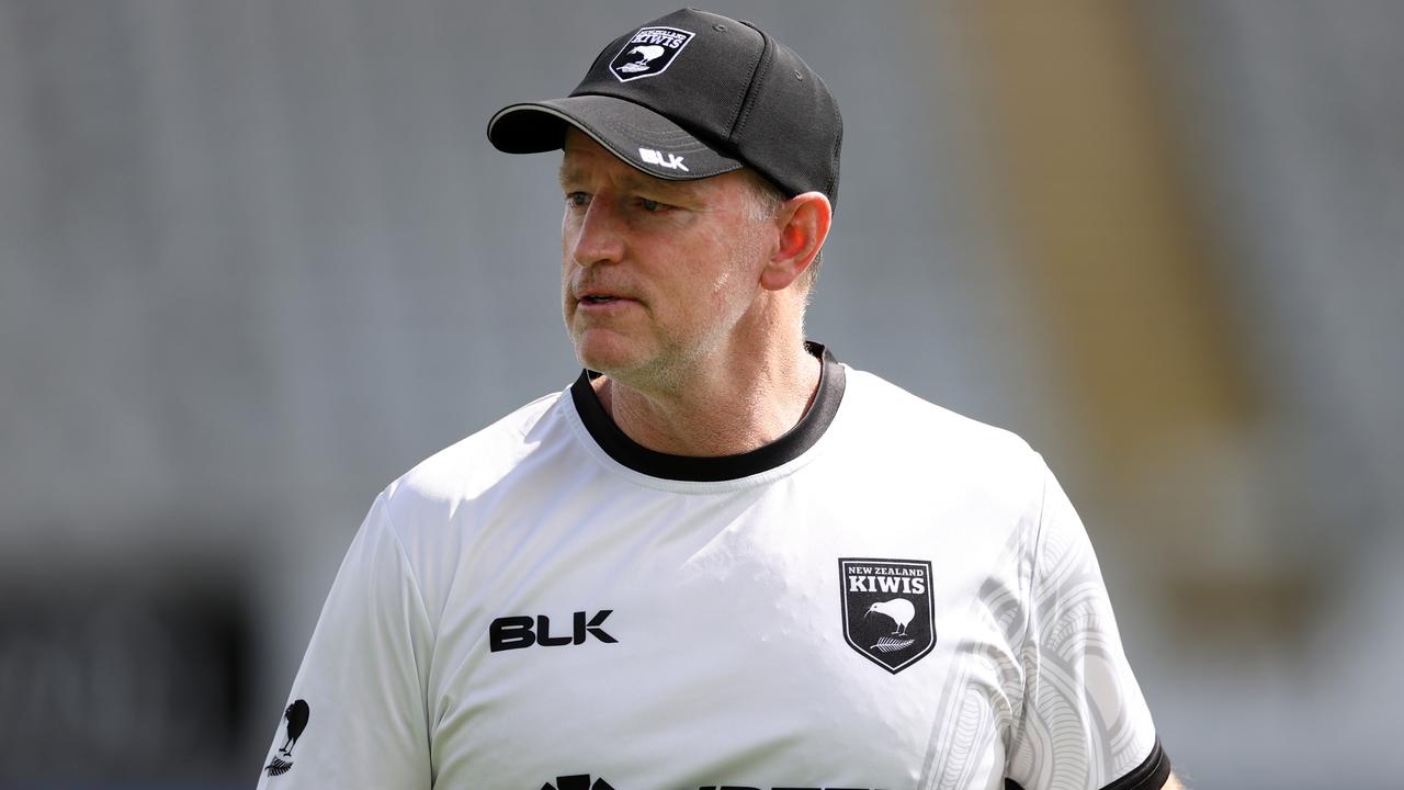 AUCKLAND, NEW ZEALAND - OCTOBER 16: Kiwis coach Michael Maguire watches warm up during a New Zealand Kiwis league training session at The Trusts Arena on October 16, 2023 in Auckland, New Zealand. (Photo by Fiona Goodall/Getty Images)
