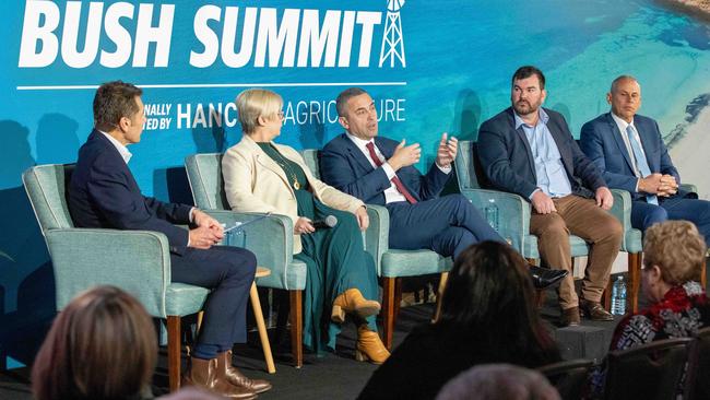 Paul Starick, Clare Scriven, Tom Koutsantonis, Sam Telfer and Adam Giles on a panel at the Bush Summit in Port Lincoln. Picture: Ben Clark