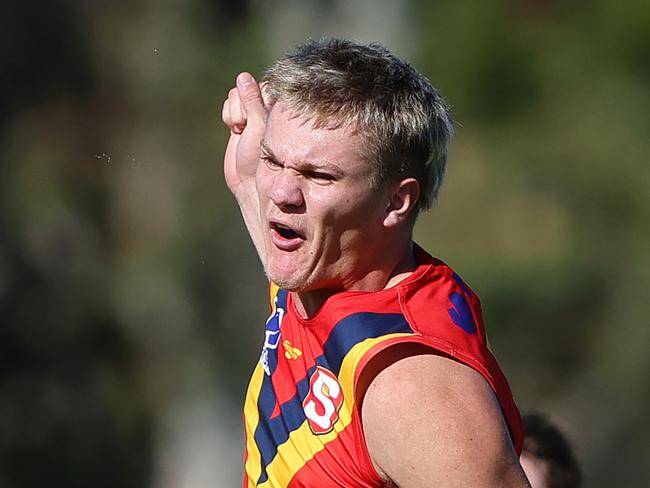 ADELAIDE, AUSTRALIA - MAY 26: Tyler Welsh of South Australia celebrates the winning goal during the 2024 Marsh AFL Championships U18 Boys match between South Australia and Allies at Thebarton Oval on May 26, 2024 in Melbourne, Australia. (Photo by Sarah Reed/AFL Photos via Getty Images)