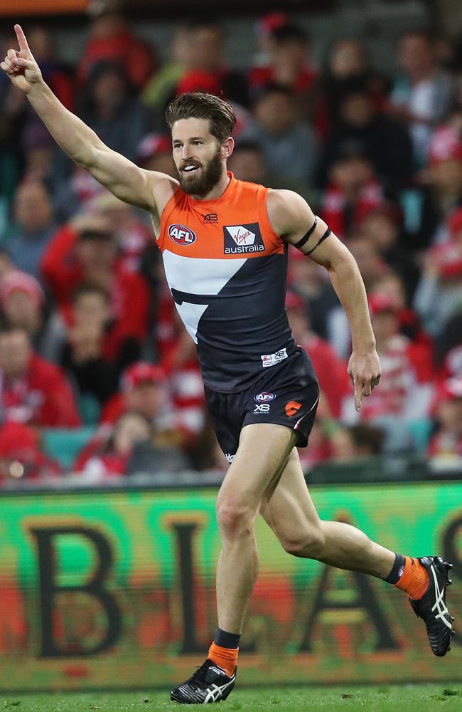 Callan Ward of the Giants celebrates kicking a goal in the elimination final against the Swans. Picture: Phil Hillyard