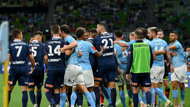 MELBOURNE, AUSTRALIA - FEBRUARY 17: A scuffle between players during the A-League Men round 17 match between Melbourne City and Melbourne Victory at AAMI Park, on February 17, 2024, in Melbourne, Australia. (Photo by Morgan Hancock/Getty Images)