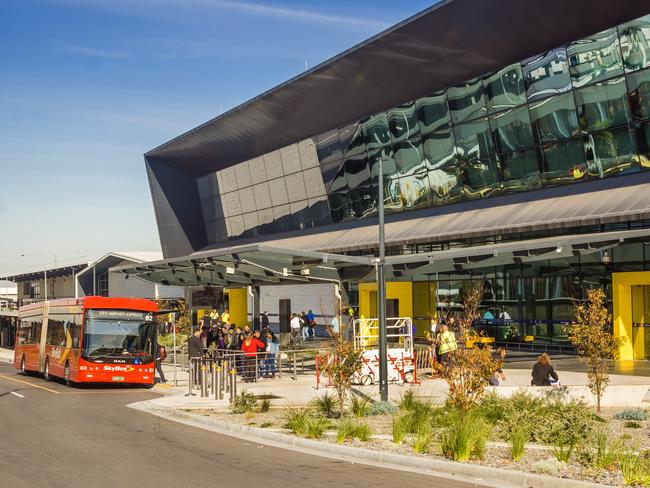 Melbourne, Australia - June 2, 2016: A SkyBus picks up passengers from Melbourne Airport's new Terminal 4, which caters for domestic flights.