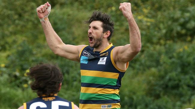 Jarrad Waite of St Kevin's celebrates a goal during VAFA (Premier) Grand  Final: University Blues v St Kevin's on Sunday, September 22, 2019, in Elsternwick, Victoria, Australia. Picture: Hamish Blair