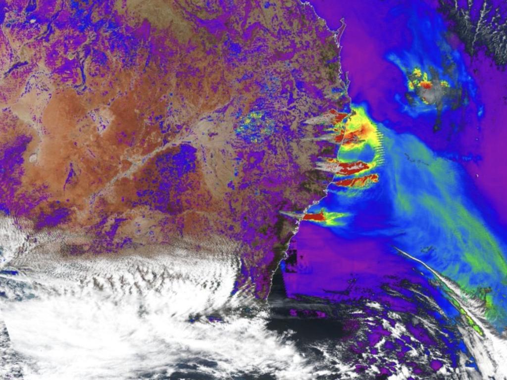 Stunning false colour images from the US Suomi NPP satellite showing the fires in NSW.