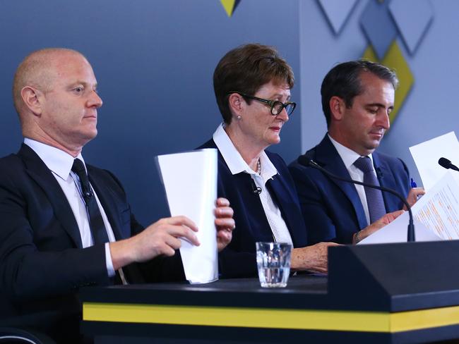 Commonwealth Bank chair Catherine Livingstone, centre, announcing today that chief executive Ian Narev, left, will be succeeded by Matt Comyn, right. Picture: Britta Campion