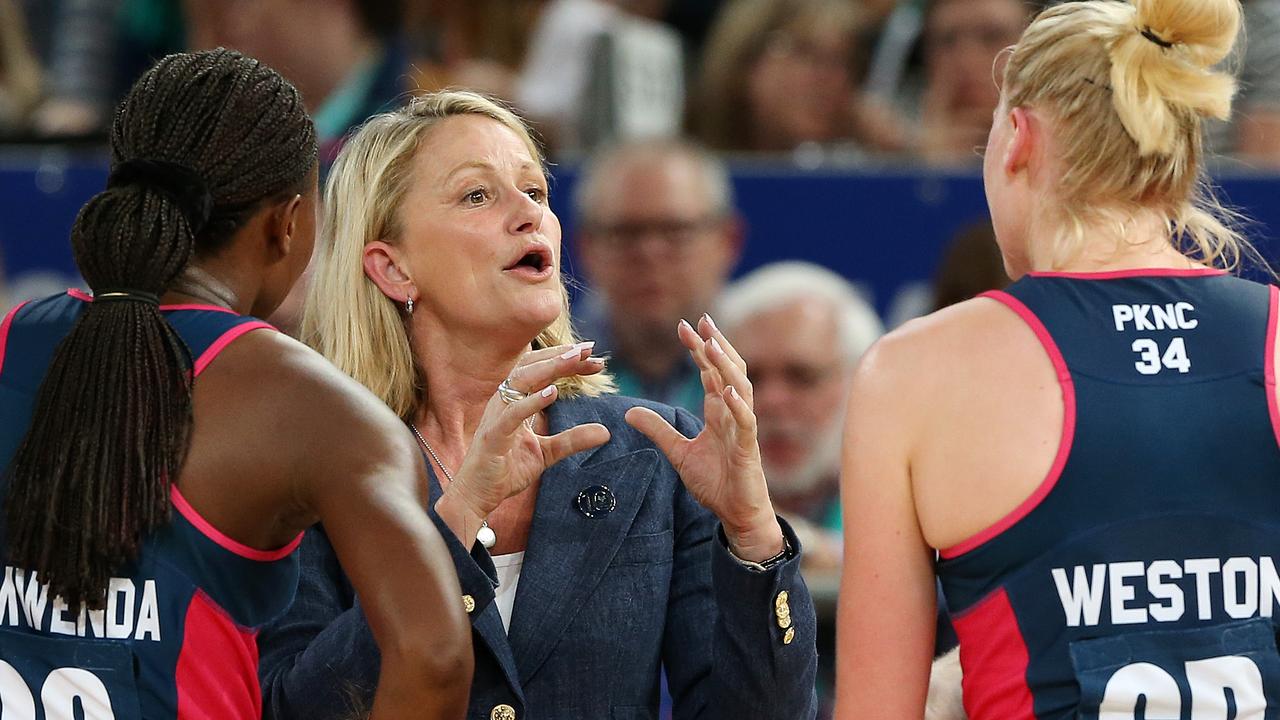 Melbourne Vixens coach Simone McKinnis delivers instructions to her players.