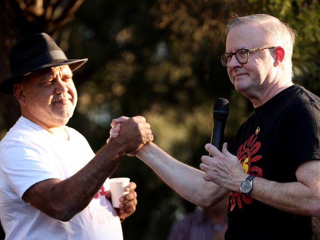 SEPTEMBER 16, 2023: The Prime Minister Anthony Albanese shakes hands during his speech with Noel Pearson at the Yarning Table Yes event in Summer Hill.Picture: Damian Shaw / Sunday Telegraph