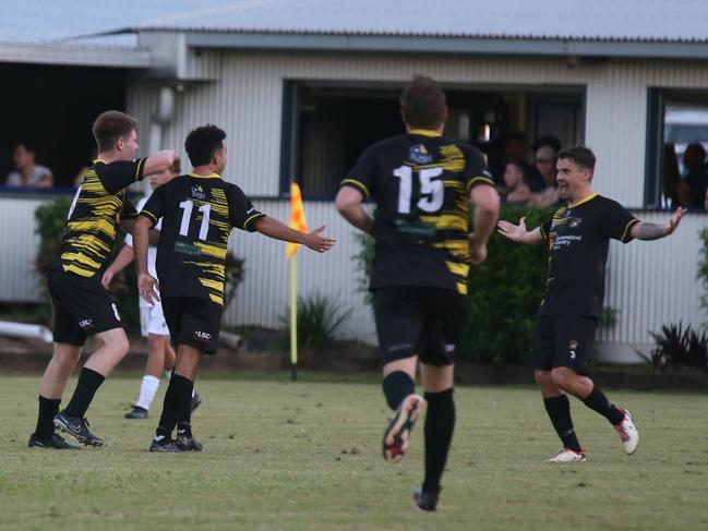 Winger Ruqi Clyde celebrates goal with Edge Hill United teammates. Marlin Coast Rangers v Edge Hill United Tigers at Pennell Field-Trinity Beach. FQPL Far North &amp; Gulf 2024. Photo: Gyan-Reece Rocha