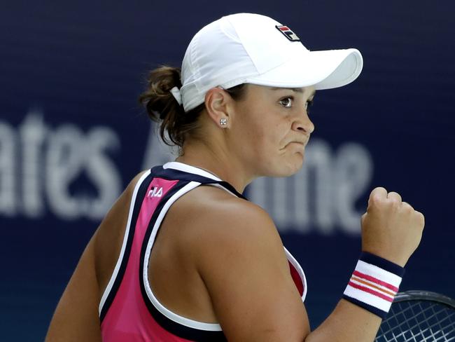 Ashleigh Barty, of Australia, reacts after winning a point against Zarina Diyas, of Kazakhstan, during the first round of the US Open tennis tournament Monday, Aug. 26, 2019, in New York. (AP Photo/Frank Franklin II)