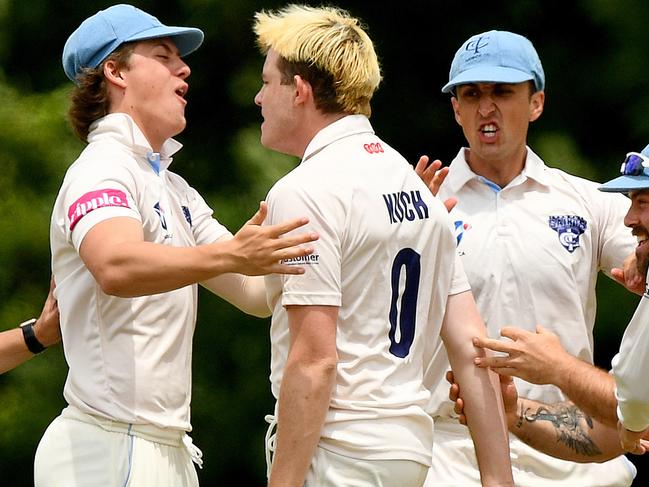 Jonathan Kuch of Ivanhoe celebrates taking the wicket of Lachlan Marr of Taylors Lakes during the VSDCA match between Ivanhoe and Taylors Lakes at Ivanhoe Park, on November 25, 2023, in Melbourne, Australia. (Photo by Josh Chadwick)