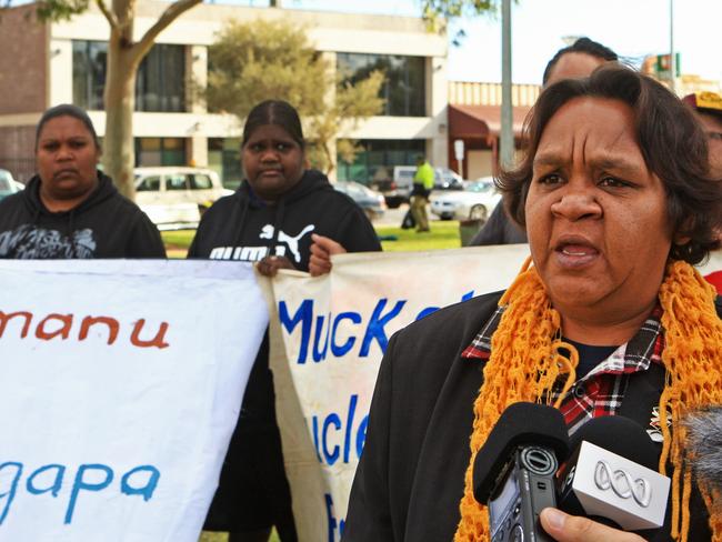 Protecting their land ... traditional owner, Barb Shaw, at the rally in Alice Springs after the announcement that the planned radioactive waste dump on Muckaty Station had been abandoned. Picture: Phil Williams