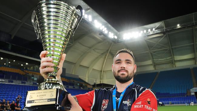 17th October 2020, Runaway Bay Seagulls Captains Darcy Sims celebrates winning the Gold Coast Rugby League A-Grade Grand Final against the Burleigh Bears played at Cbus Stadium Photo: Scott Powick Newscorp