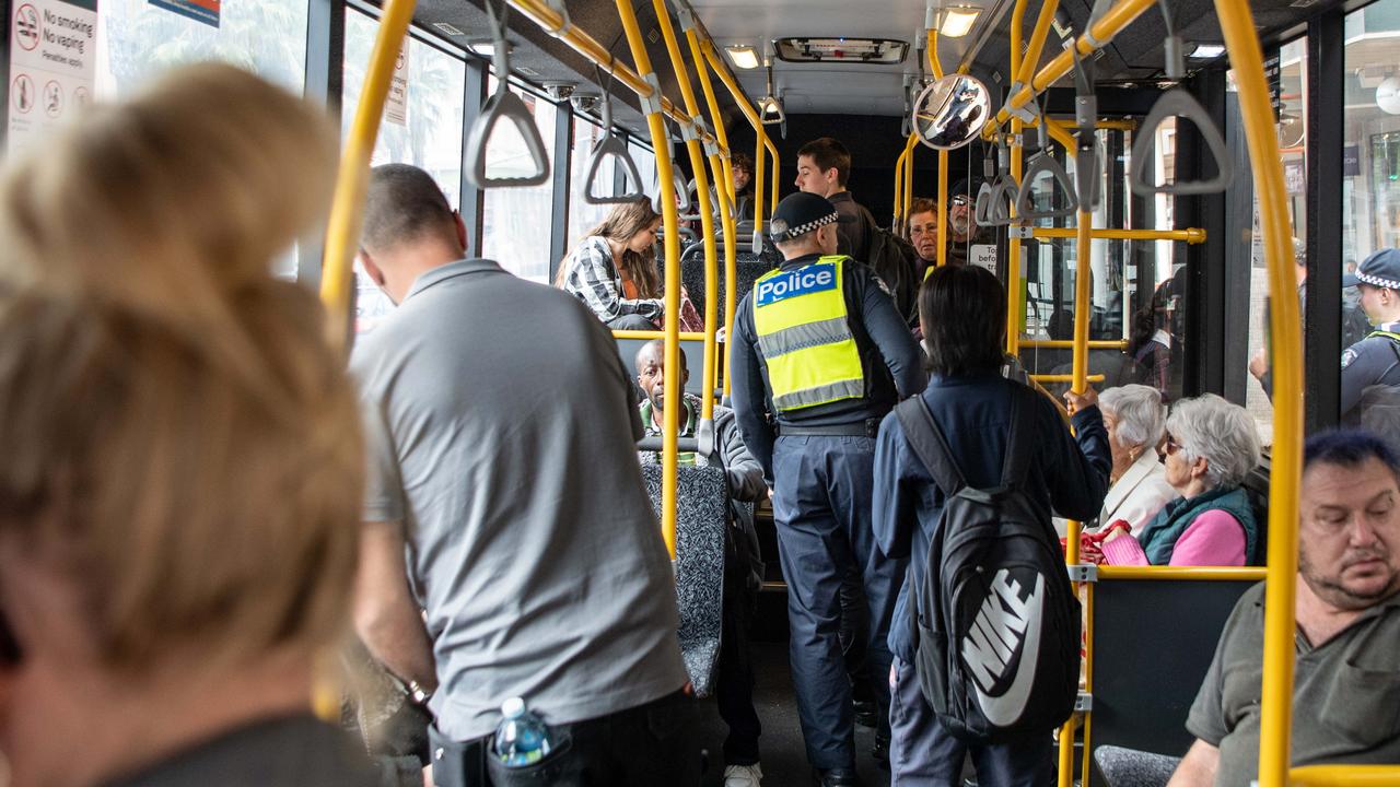 Geelong Police and Public Transport Victoria officers conduct Operation BANDIT at Geelong bus exchange targeting anti-social behaviour and fare evasion. Picture: Brad Fleet