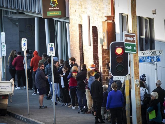 People outside the Hobart Centrelink office on Tuesday morning. Picture: CHRIS KIDD