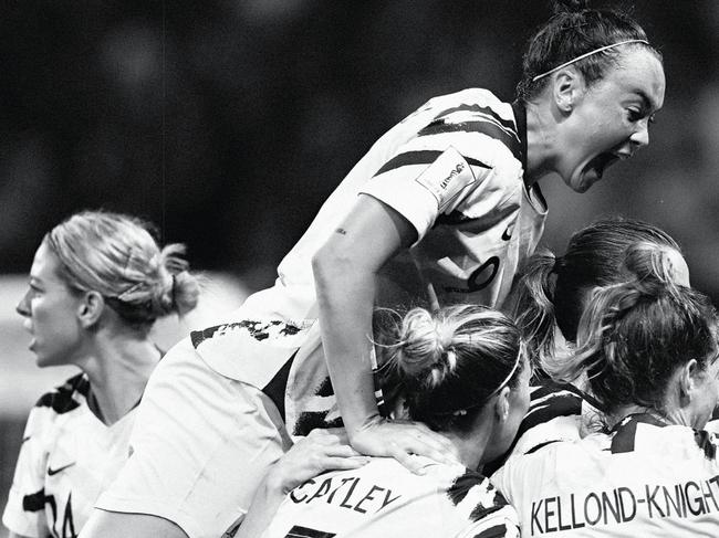 Australia’s Caitlin Foord (top) is jubilant after teammate Elise Kellond-Knight scores against Norway during the 2019 FIFA Women’s World Cup. Photo: Getty Images; Collage: Giuseppe Santamaria