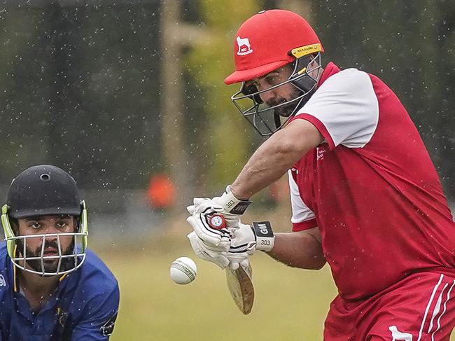 Cricket Southern Bayside preliminary final: Mordialloc v Dingley. Dingley keeper Mark Fitch and Mordialloc batsman Liam Bence. Picture: Valeriu Campan