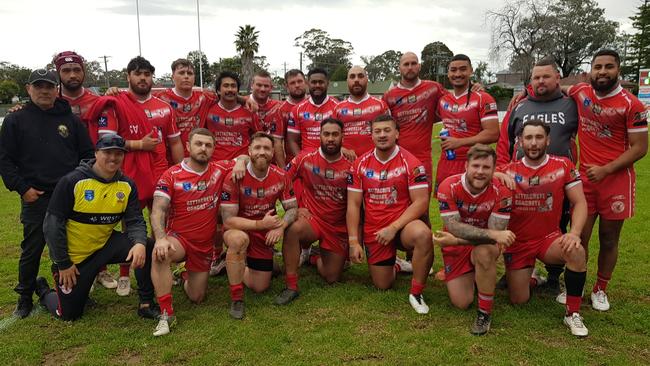 East Campbelltown Eagles first grade side after their 18-16 upset victory over Mittagong at Waminda Oval, round 17, 2023. Picture: Steve Montgomery