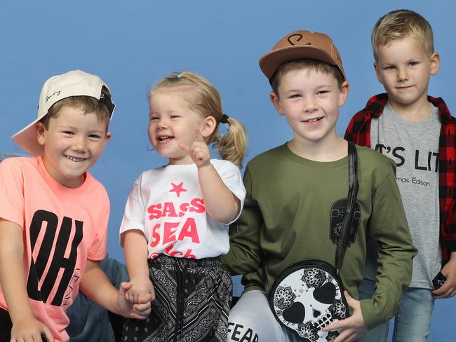 Renee Schmidt ph 0412243849 with her range of neutral gender clothing . SheÃ¢â¬â¢s from Sth Brisbane. Kids are Hugo 5yrs (pink top), Ada 2yrs, Winston 4yrs (red jacket) and Marshall 7 yrs (green top) all kids surname Wilke . Pic Annette Dew