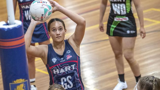 Ngahuia Te Rure for Wildcats. Darling Downs Panthers vs Wildcats Ruby. HART Ruby Series netball. Sunday, May 22, 2022. Picture: Nev Madsen.