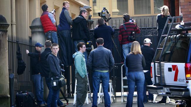 Media wait for Mark Standen at the rear entrance of the NSW Supreme Court in 2011.