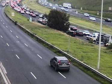 Vehicles stack up on the Calder Freeway after a car fire on Thursday morning. Picture: VicRoads.