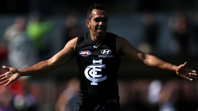 Eddie Betts celebrates a goal in his first game back in navy blue.