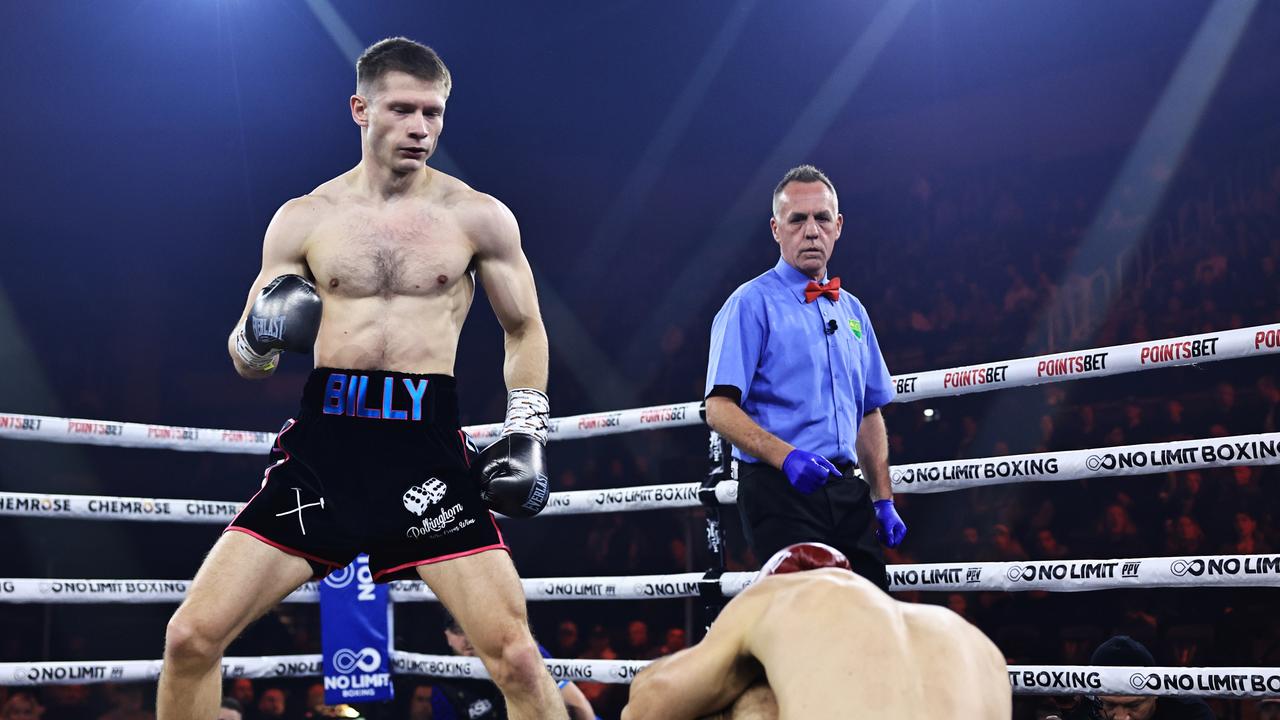 Billy Polkinghorn v Jordan Kasilieris at the No Limit Boxing fight night at WIN Entertainment Centre on July 10, 2024. Pictures: No Limit Boxing/Gregg Porteous