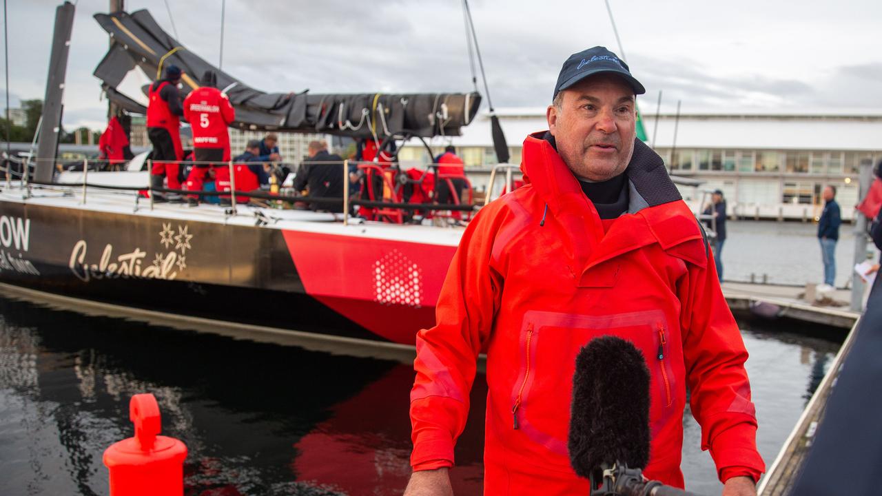 Celestial V70 skipper Sam Haynes arrives in Hobart just after dawn in the 2024 Sydney to Hobart. Picture: Linda Higginson