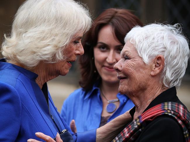 Queen Camilla with Judi Dench during a reception for the inaugural Queen's Reading Room Literary Festival at Hampton Court Palace on June 11, 2023 in London, England. (Photo by Adrian Dennis – WPA Pool/Getty Images)