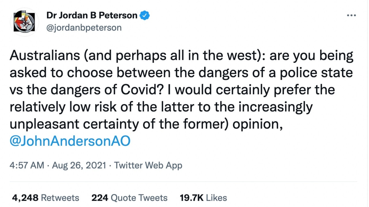 Dr Jordan Peterson has divided the nation with a scathing tweet. Picture: Twitter