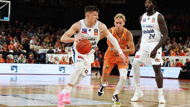 Adelaide's Dejan Vasiljevic drives the ball to the hoop in the National Basketball League (NBL) match between the Cairns Taipans and the Adelaide 36ers, held at the Cairns Convention Centre. Picture: Brendan Radke