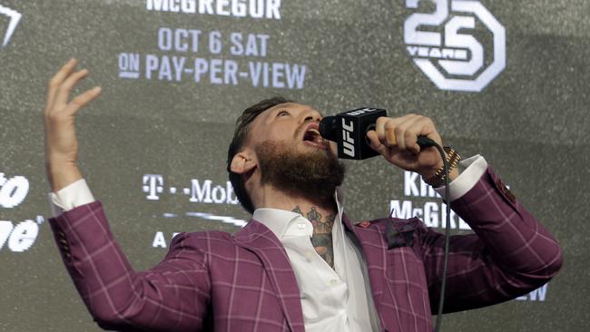 Conor McGregor labelled Khabib Nurmagomedov a ‘glass jaw rat’ in a fiery press conference ahead of their UFC blockbuster.