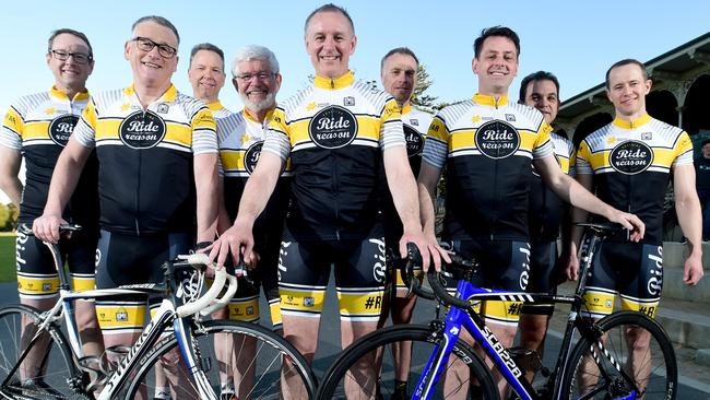 Members of the Premier's Peloton gather for a training ride at Victoria Park. Ready to roll are, from left, Jeff Ellison, Mel Mansell, Bill Le Grand, Keith Conlon, Jay Weatherill, Pat Jonker, Lincoln Size, Nick Spyrou and Will McDonald. Picture: Sam Wundke