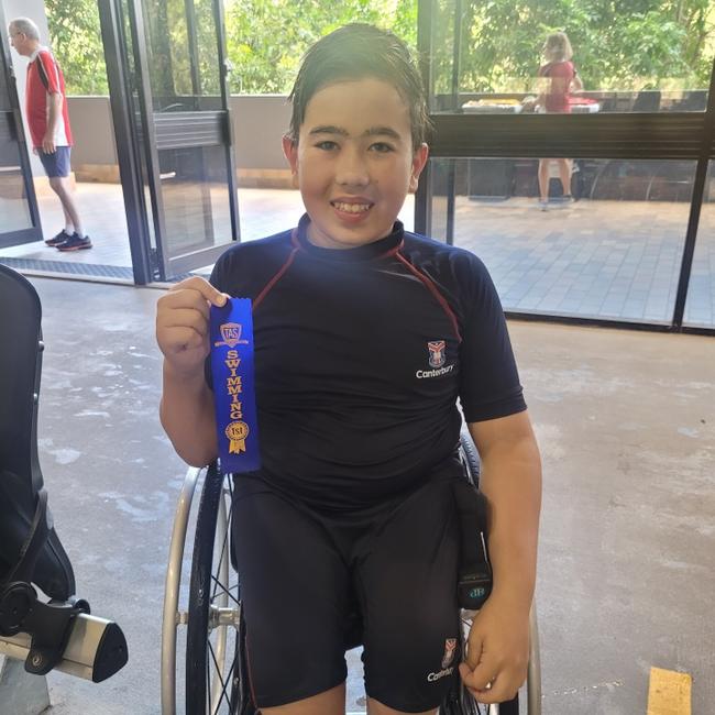 Joshua Bass of Canterbury College at TAS swimming 2023 after winning 50m freestyle event