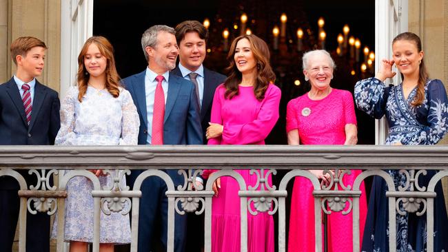 The royal couple with Prince Vincent, Princess Josephine, Crown Prince Christian, Queen Margrethe and Princess Isabella. Picture: AFP