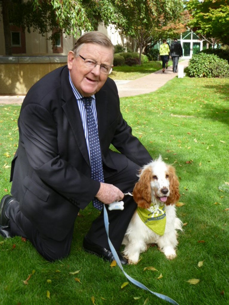 Member for Hinkler Paul Neville with a happy puppy at the Hounds on the Hill event in Canberra. Photo Contributed. Picture: Contributed